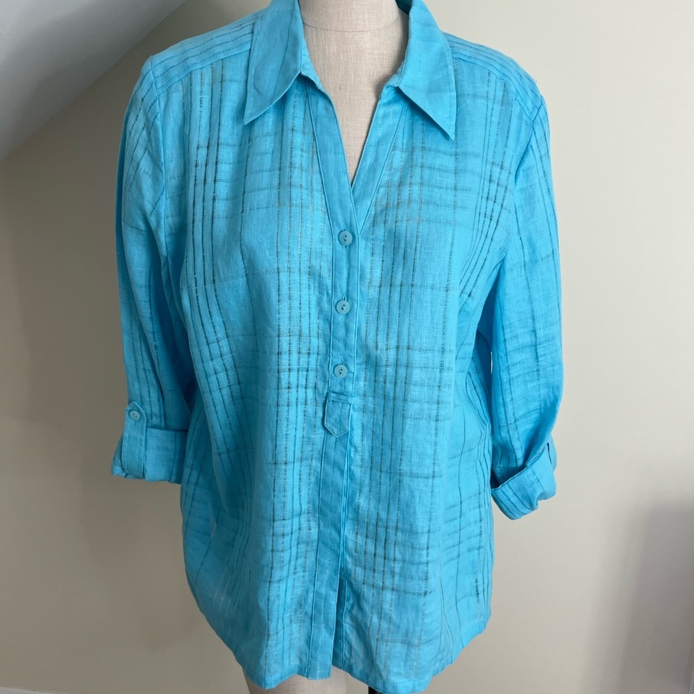 JM Collection Turquoise Button-Down Shirt Roll Tab Sleeve 100% Linen